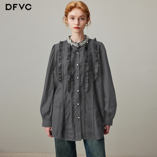 新款 女2026年春季 钉珠木耳边宽松显瘦衬衣薄 衬衫 dfvc灰色纯棉长袖