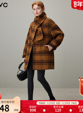 dfvc复古格子中长款绵羊毛呢外套女2025年冬季新款围巾双面呢大衣