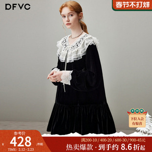 dfvc法式蕾丝荷叶领丝绒连衣裙女2025年冬季新款宽松复古小黑裙子