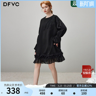 dfvc设计感小众圆领卫衣裙女2025年冬季 荷叶边宽松休闲连衣裙 新款