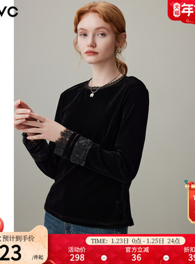 dfvc黑色复古圆领丝绒长袖T恤女2025冬季新款蕾丝拼接内搭打底衫