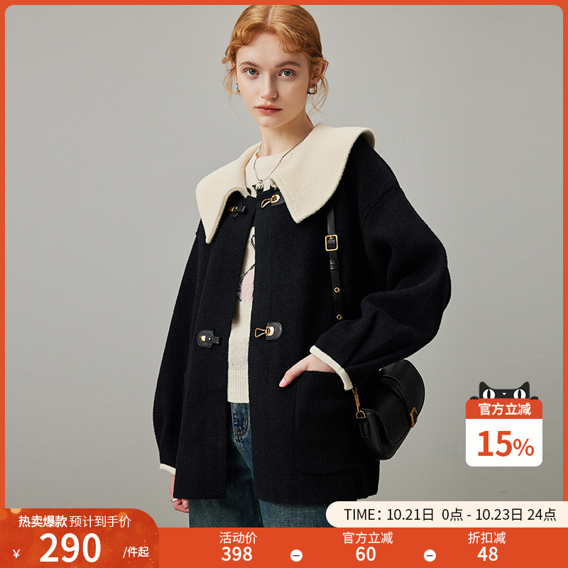 dfvc黑色娃娃领毛呢外套女2025新款冬季撞色牛角扣宽松短款大衣厚