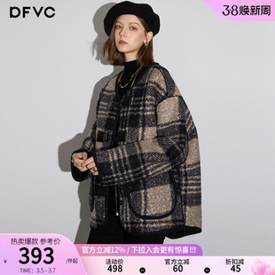 dfvc韩版短款格子毛呢外套女2025年冬季新款宽松小个子呢子大衣厚