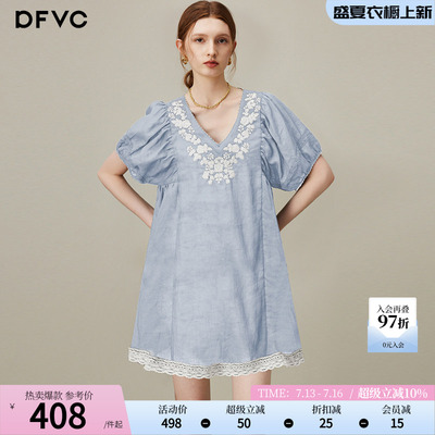 dfvc苎麻复古绣花V领衬衫裙