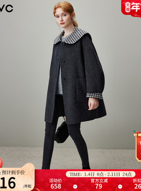 dfvc韩版减龄娃娃领绵羊毛呢外套女2025年冬季新款中长双面呢大衣