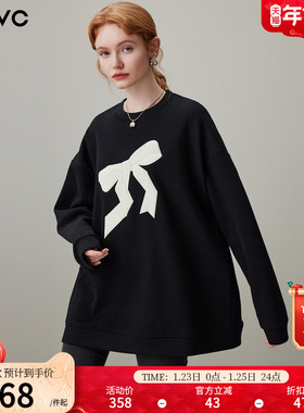 dfvc黑色休闲圆领套头卫衣女2025年冬季新款蝴蝶结中长款宽松上衣