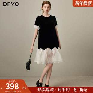 dfvc复古名媛人丝丝绒连衣裙女2025年秋季 蕾丝拼接小个子裙子 新款