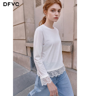 蕾丝花边叠穿打底衫 dfvc白色韩版 新款 T恤女2026春季 简约圆领长袖