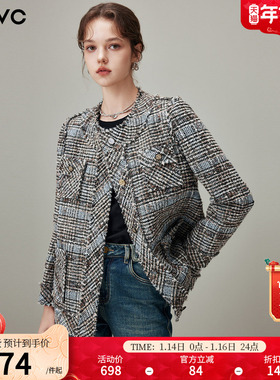 dfvc灰色小香风格纹短款外套女2025年冬季新款通勤休闲夹克上衣厚