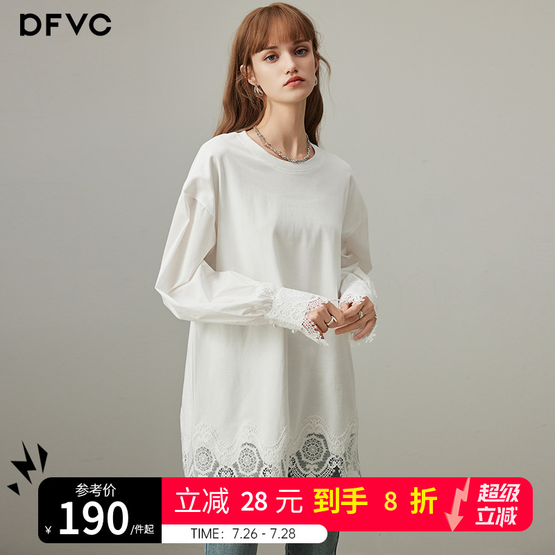 dfvc白色纯棉圆领长袖T恤女2025秋季新款宽松蕾丝拼接内搭打底衫