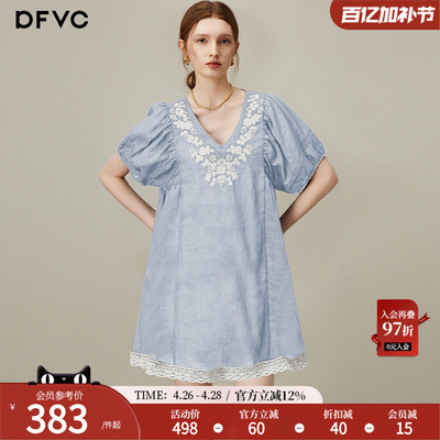 dfvc苎麻复古绣花V领衬衫裙