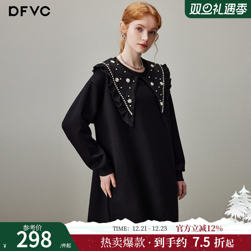 dfvc黑色休闲减龄娃娃领卫衣裙