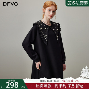 连衣裙 圆领宽松长袖 dfvc黑色休闲减龄娃娃领卫衣裙女2025冬季 新款