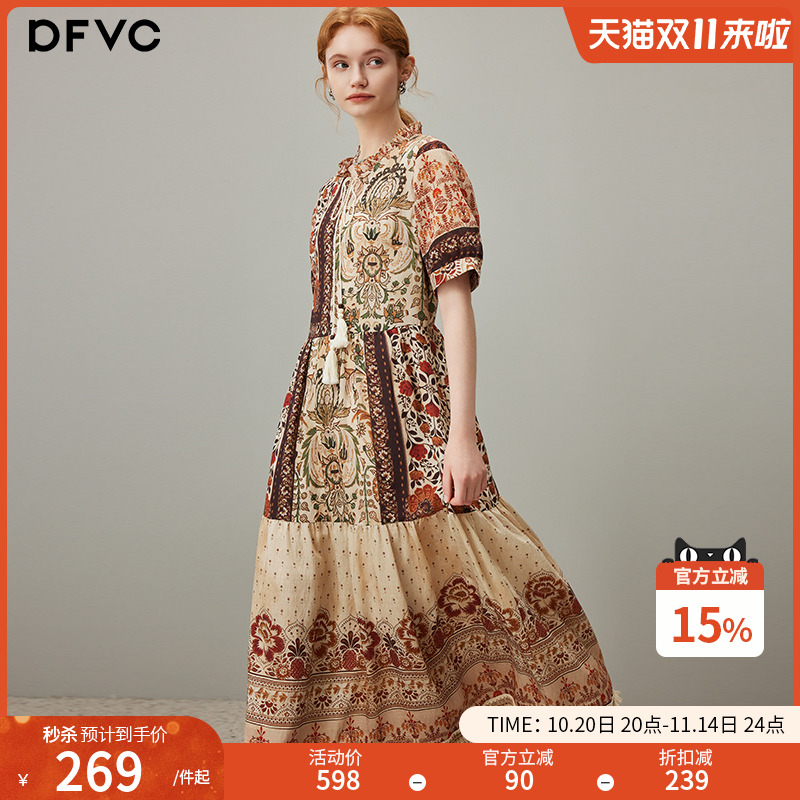 dfvc亚麻波西米亚印花连衣裙