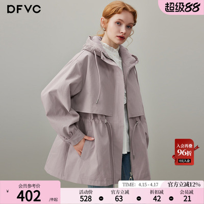dfvc韩版中长款风衣外套连帽收腰