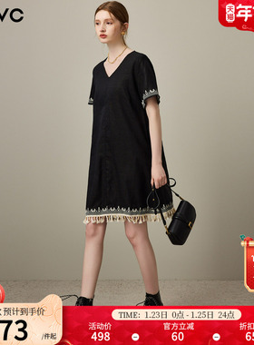 dfvc黑色亚麻V领连衣裙女2026年春季新款刺绣流苏小个子宽松裙子