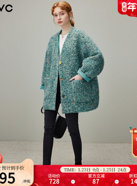 dfvc慵懒风V领中长款羊毛呢外套女2025年冬季新款宽松粗花呢大衣