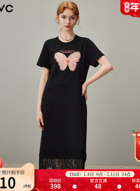 dfvc时尚黑色T恤连衣裙女2025年夏季新款蝴蝶蕾丝拼接显瘦长裙子