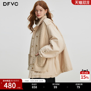 dfvc韩版假两件针织拼接棉服女2026年冬季新款中长款宽松棉衣外套