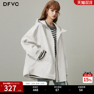 dfvc韩版中长款风衣外套女2026年秋季新款宽松连帽休闲工装上衣潮