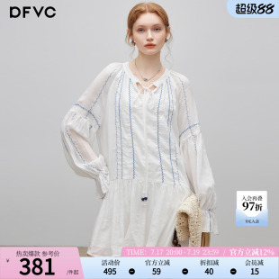 dfvc人丝苎麻白色长袖衬衫裙女2026年秋季新款系带领宽松连衣裙子