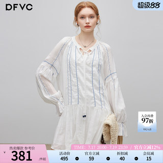 dfvc人丝苎麻白色长袖衬衫裙女2026年秋季新款系带领宽松连衣裙子