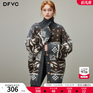 dfvc复古费尔岛提花针织开衫女2026年冬季新款宽松中长款毛衣外套