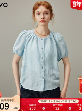dfvc天丝苎麻文艺短袖衬衫女2025年夏季新款泡泡袖圆领小个子上衣