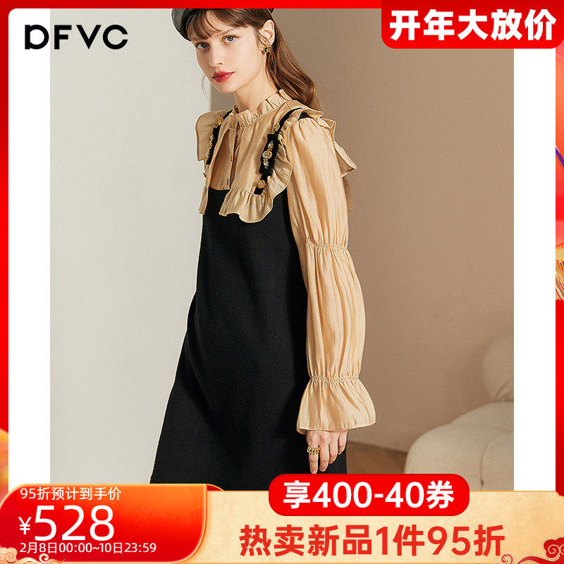 dfvc春季赫本风拼接娃娃领连衣裙女2022年新款喇叭袖a字裙子显瘦