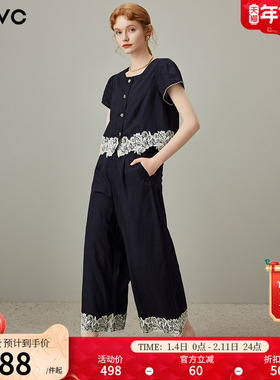 dfvc亚麻天丝短袖衬衫阔腿裤套装女2025年夏季新款蕾丝拼接两件套