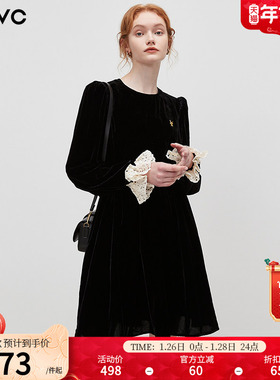 dfvc黑色长袖丝绒连衣裙女春2026蕾丝喇叭袖小个子收腰a字小黑裙