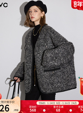 dfvc灰色羊毛短款毛呢外套女2025年冬季新款V领小个子羊羔毛大衣