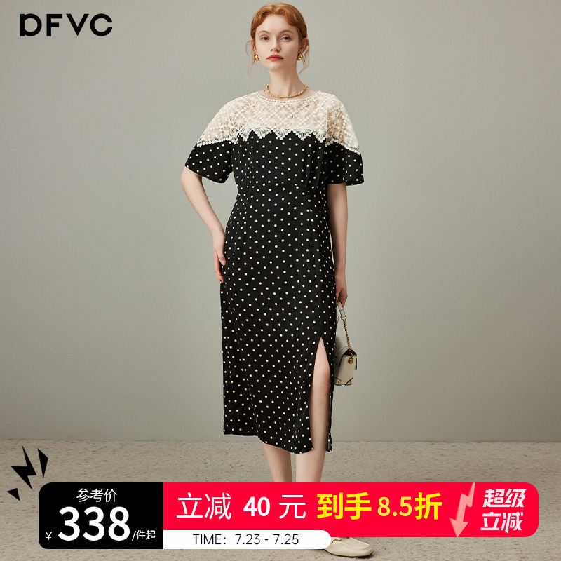 dfvc优雅气质蕾丝拼接波点连衣裙女2025年夏季新款显瘦开叉长裙子