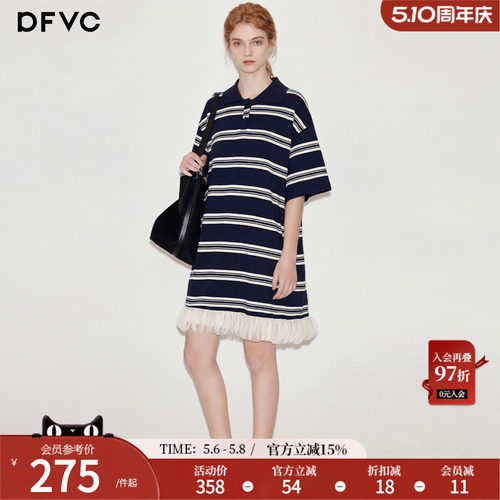 dfvc韩版休闲Polo领条纹T恤裙