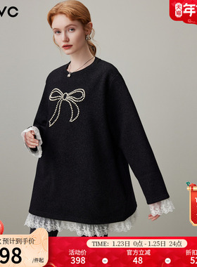 dfvc黑色休闲中长款圆领卫衣女2025冬季新款蕾丝花边加厚长袖T恤
