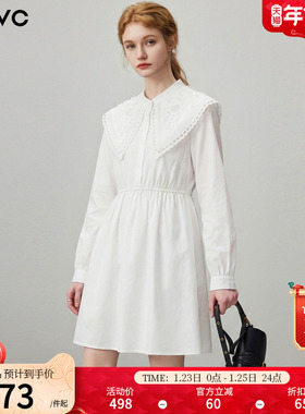 dfvc白色纯棉减龄娃娃领衬衫裙女2026年春季新款宽松收腰连衣裙子