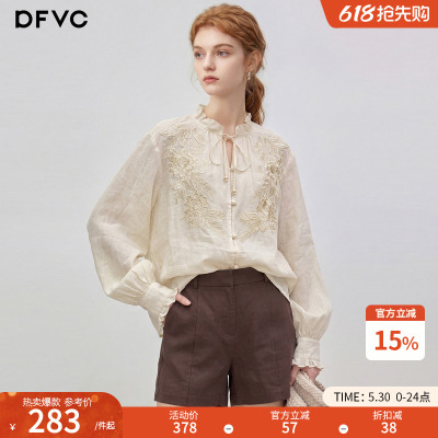 dfvc苎麻复古重工刺绣长袖衬衫