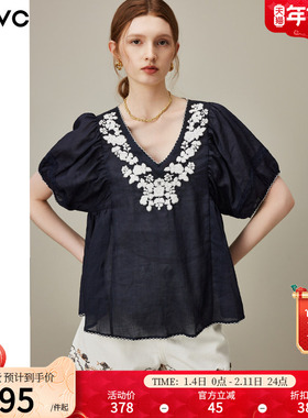 dfvc苎麻复古绣花V领短袖衬衫女2025年夏季新款小个子宽松小衫薄