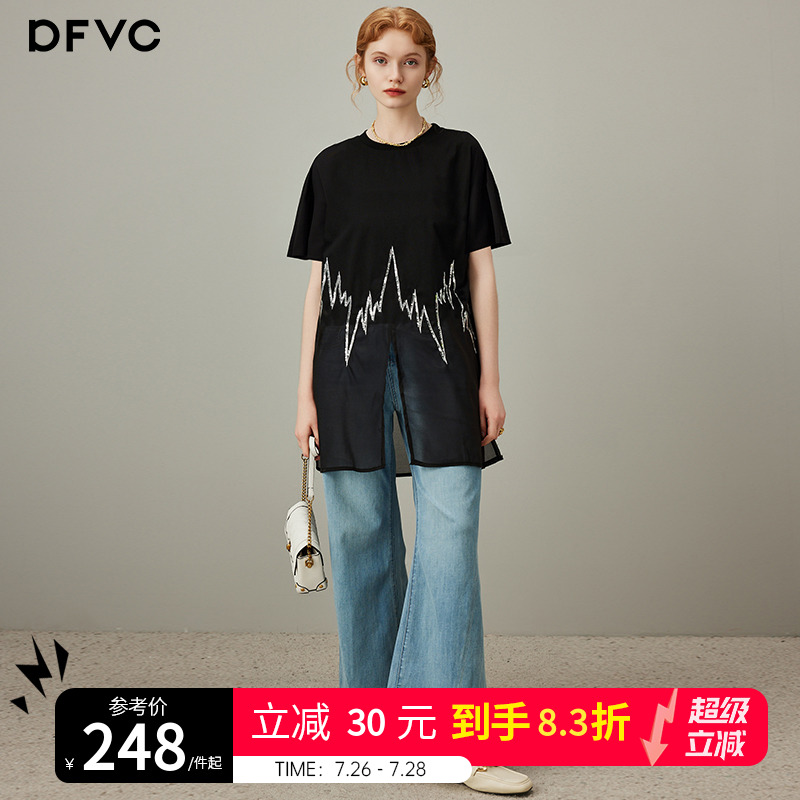 dfvc黑色设计感网纱拼接短袖T恤女2025年夏季新款中长款开叉背心