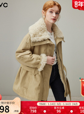 dfvc休闲工装仿羊羔毛派克服女2025冬季新款中长翻领宽松保暖外套