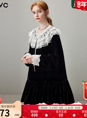 dfvc法式蕾丝荷叶领丝绒连衣裙女2025年冬季新款宽松复古小黑裙子
