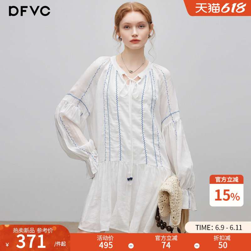 dfvc人丝苎麻白色长袖衬衫裙