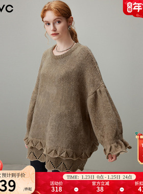 dfvc慵懒风中长款圆领毛衣女2025年冬季新款宽松温柔风羊毛针织衫