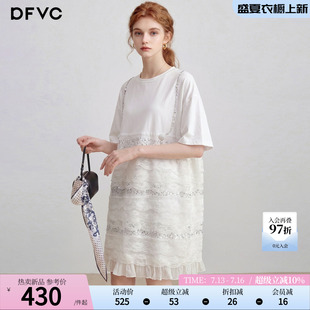 dfvc白色韩版蕾丝拼接T恤连衣裙女2026年夏季新款亮片宽松直筒裙