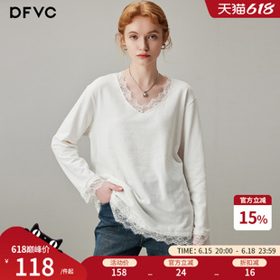 dfvc白色蕾丝拼接V领长袖T恤女2026年春季新款低领宽松内搭打底衫