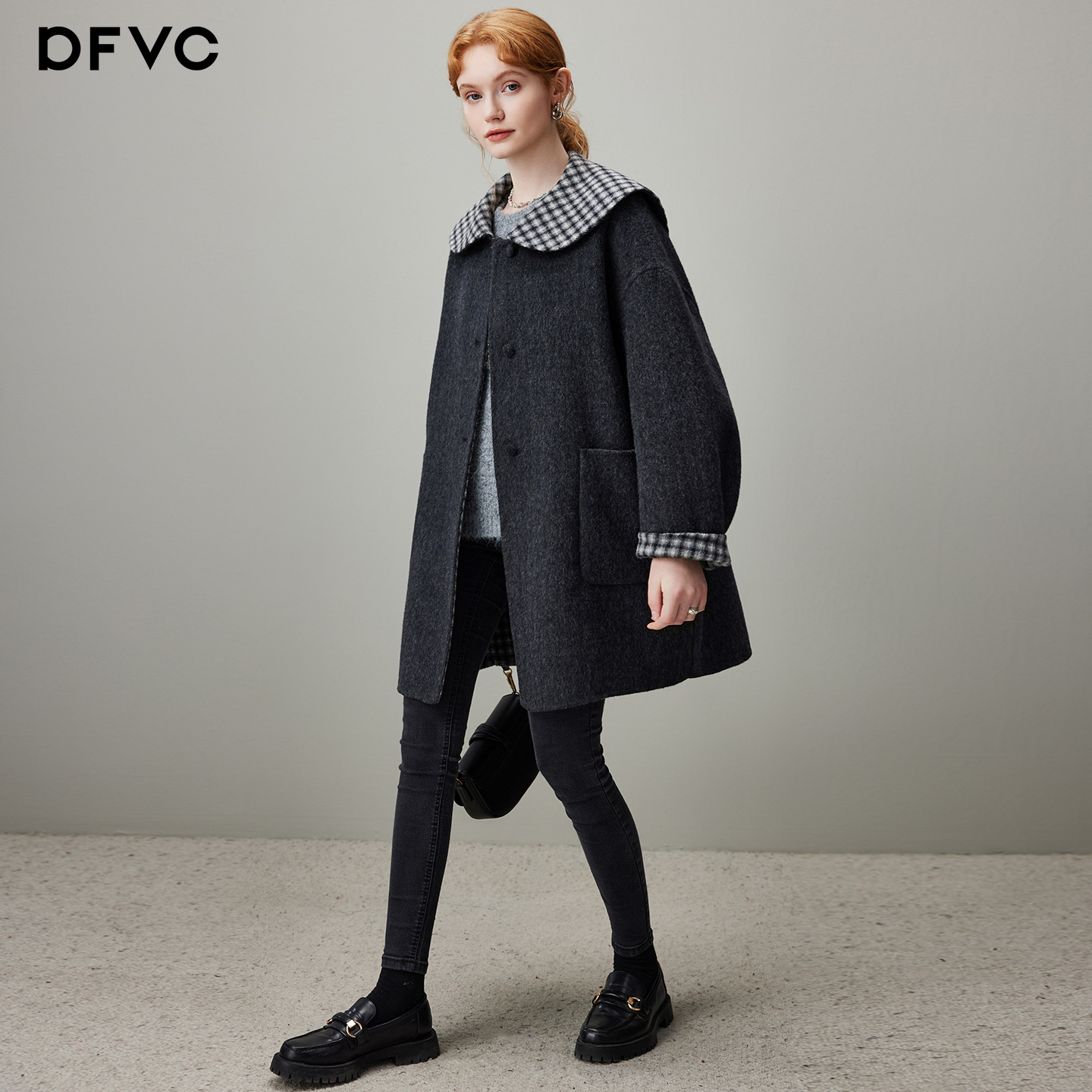 dfvc韩版减龄娃娃领绵羊毛呢外套女2025年冬季新款中长双面呢大衣