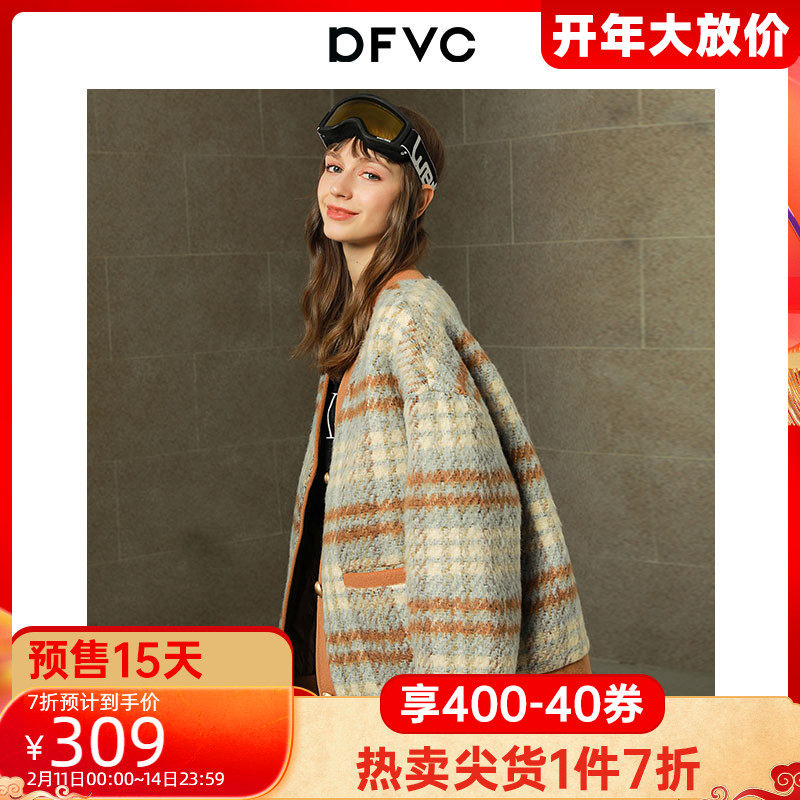 dfvc2021新款v领小香风格子毛呢外套女小个子秋短款羊毛呢子外套