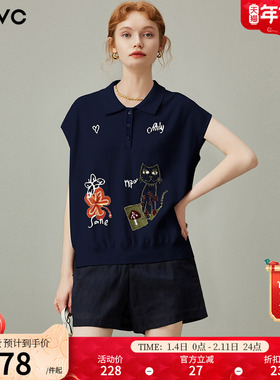 dfvc减龄薄款冰丝短袖针织衫女2025年夏季新款POLO领卡通刺绣上衣