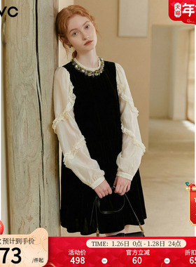 dfvc名媛风撞色拼接丝绒连衣裙女2026春季新款钉珠长袖裙子小黑裙