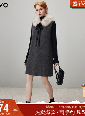 dfvc轻奢千金风羊毛背心裙女2025年冬季新款小个子毛领冬装连衣裙